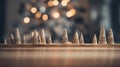 Christmas background with empty dark wooden deck table , blurred light bokeh. Empty display for product montage Royalty Free Stock Photo