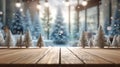 Christmas background with empty dark wooden deck table , blurred light bokeh. Empty display for product montage Royalty Free Stock Photo