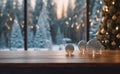 Christmas background with empty dark wooden deck table , blurred light bokeh. Empty display for product montage Royalty Free Stock Photo