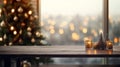 Christmas background with empty dark wooden deck table , blurred light bokeh. Empty display for product montage Royalty Free Stock Photo