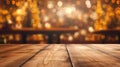 Christmas background with empty dark wooden deck table , blurred light bokeh. Empty display for product montage Royalty Free Stock Photo