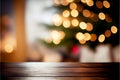 Christmas and New year background with empty wooden table in front of christmas tree and blurred light bokeh. AI generated Royalty Free Stock Photo