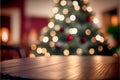 Christmas and New year background with empty wooden table in front of christmas tree and blurred light bokeh. AI generated Royalty Free Stock Photo