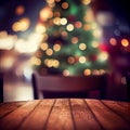 Christmas and New year background with empty wooden table in front of christmas tree and blurred light bokeh. 3d illustration Royalty Free Stock Photo