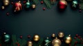 Christmas and New Year background with fir branches, red berries and golden baubles. Top view with copy space. Royalty Free Stock Photo