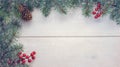 Christmas New Year background with fir tree, pinecone, red berries and snow on a white wooden background. Copy space for your text Royalty Free Stock Photo