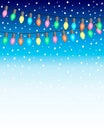 Christmas and New Year Background with Garland eletric bulb Lights and Falling Snow balls on blue white gradien background. EPS10 Royalty Free Stock Photo