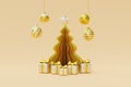 Christmas and New Year background with gift box and gold Xmas pine tree decoration for christmas. 3d rendering Royalty Free Stock Photo