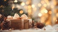 Christmas and New Year background - gift boxes and pine cones on the background of blurred bokeh garlands photo by Generative AI Royalty Free Stock Photo