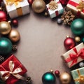 Christmas and New Year background. Gifts, balls, ribbons, Christmas tree toys. Flat lay, top view