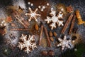 Christmas or New Year background of Gingerbread cookies, spices, nuts with sugar and snowflakes. Top view. Royalty Free Stock Photo