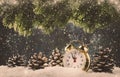 Christmas or New Year background with Golden alarm clock in snowdrifts on blue background with pine cones, fir tree, holiday