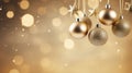 Christmas and New Year background. Golden Balls hanging on ribbon on Golden background with copy space for text. The concept of Royalty Free Stock Photo