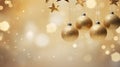 Christmas and New Year background. Golden Balls hanging on ribbon on Golden background with copy space for text. The concept of Royalty Free Stock Photo