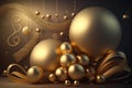 Christmas and New Year background with golden balls and ribbons. Generative AI