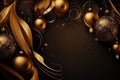 Christmas and New Year background with golden balls and ribbons. Generative AI