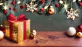 Christmas and New Year background. Golden gift box red ribbon wooden table. Xmas tree with balls, snowflakes and bokeh lights. Royalty Free Stock Photo