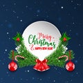 Christmas and New Year background. Green needles with hanging ornaments, magic wands, holly berries, snowflakes and red bells. Royalty Free Stock Photo