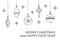 Christmas and New Year background with hanging simple outline Christmas balls and snowflackes. Vector holiday backdrop in doodle Royalty Free Stock Photo