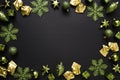 Green gift boxes, golden bows, snowflakes and balls on a black background. Royalty Free Stock Photo
