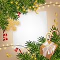 Christmas and New Year background with realistic pine branches, candy canes, serpentine, gifts box, glitter gold snowflake.