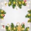 Christmas and New Year background with realistic pine branches, candy canes, serpentine, glitter gold snowflake