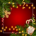 Christmas and New Year background with realistic pine branches, candy canes, serpentine, glitter gold snowflake