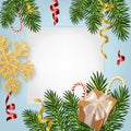 Christmas and New Year background with realistic pine branches, gifts box, candy canes, serpentine, glitter gold snowflake.