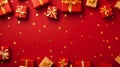Christmas or New Year background with red gift boxes, golden stars and confetti. Top view with copy space Royalty Free Stock Photo