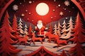 Christmas and New Year background with Santa claus, reindeer and pine trees. Paper cut style. Generative ai