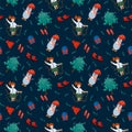 Christmas and New Year background with seasonal elements. Doodle Pattern with a Christmas tree, a child, a snowman Royalty Free Stock Photo