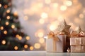 Christmas and new year background. Shiny gift boxes and stars near decorated christmas tree over blurred white wall with lights, Royalty Free Stock Photo