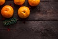 Christmas new year background with tangerines. winter still. selective focus. copy space