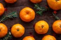 Christmas new year background with tangerines. winter still. selective focus. copy space