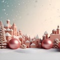 Christmas and New Year background with toy castle, Christmas tree and snowflakes. AI Generative.
