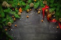 Christmas and New Year background. Christmas tree branch on a black background. Cones and fur-tree toys. View from above. Royalty Free Stock Photo