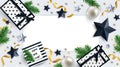 Christmas and New Year background in trendy black, white and gold colors with stars, gift boxes, shining confetti