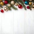 Christmas background with fir branches and baubles on white wooden background (artificial intelligence)