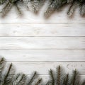 Christmas background with fir branches and baubles on white wooden background (artificial intelligence)