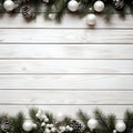 Christmas background with fir branches and baubles on white wooden background (artificial intelligence)