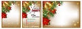 Christmas and New Year backgrounds set decorations with fir branches, golden bells, Christmas flowers poinsettia and holly berries Royalty Free Stock Photo