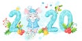 Horizontal 2020 New Year banner with turquoise hand painted patterned numbers and cute mouse, rat in blue costume. Background deco