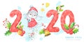 2020 New Year and Christmas watercolor horizontal composition with numbers and dancing mouse, rat. In red, green, yellow and blue Royalty Free Stock Photo