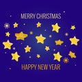 Christmas and New Year banner with decor. Gold volumetric stars and snowflakes on dark blue background, text. Vector illustration Royalty Free Stock Photo