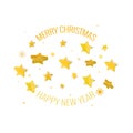 Christmas and New Year banner with decor. Gold volumetric stars and snowflakes, text. Vector illustration for posters, cards