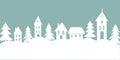 Christmas New Year banner with doodle rural houses forest trees in the background. Cozy winter scene illustration