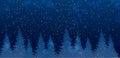 Christmas and New Year banner with place for text. Winter night forest with falling snow. Cute and magical dark blue forest with