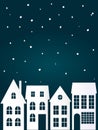 Christmas New Year banner with rural houses snowfall on dark blue sky background. Cozy winter scene illustration Royalty Free Stock Photo