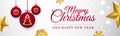Christmas and New Year banner template with  gold stars, red balls and snowflakes on white background. Vector illustration Royalty Free Stock Photo