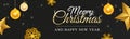 Christmas and New Year banner template with shining gold stars, balls and snowflakes on black background. Vector illustration Royalty Free Stock Photo